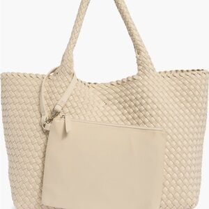 Elegant Cream Woven Tote Bag set zip pouch purse large
